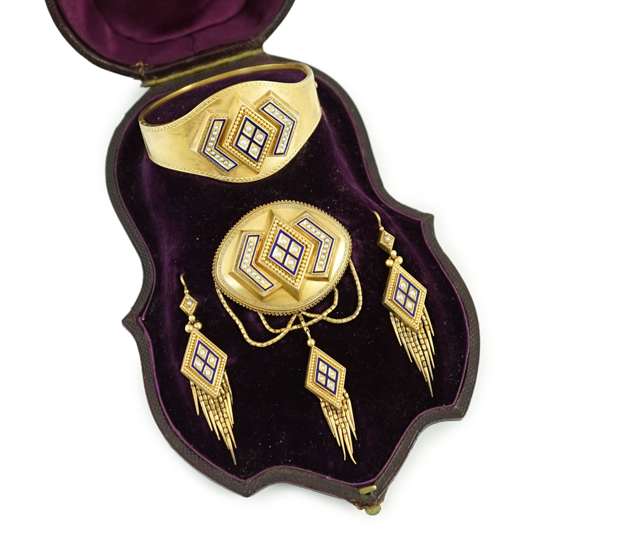 A cased Victorian gold, seed pearl and blue enamel parure